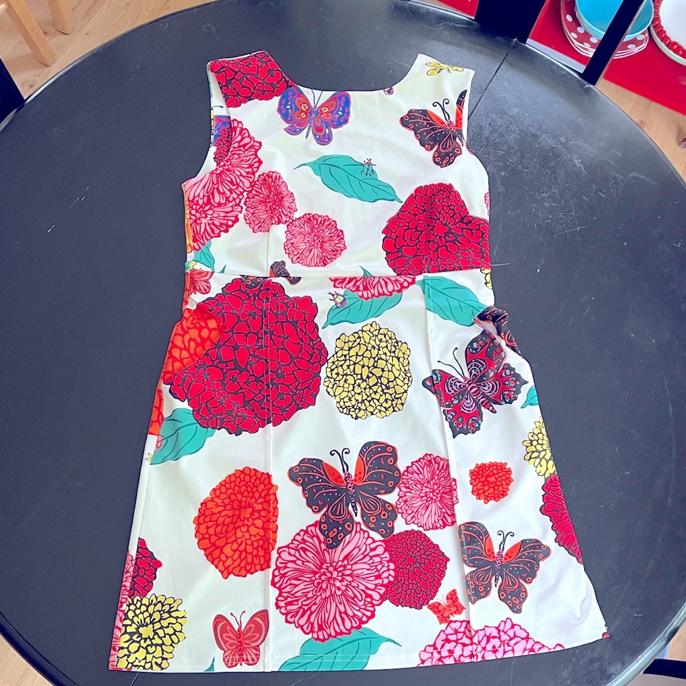 Aryeh White Floral & Butterfly Print Dress with Red, Yellow, Teal Accents